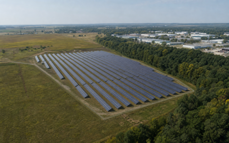 Conceptual oblique view of a solar array adjoining open farmland, a tree belt and low industrial development.