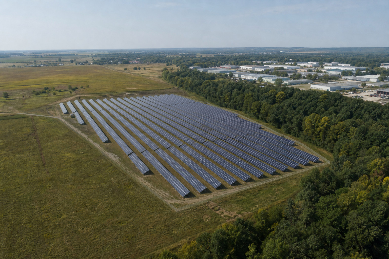 Conceptual oblique view of a solar array adjoining open farmland, a tree belt and low industrial development.