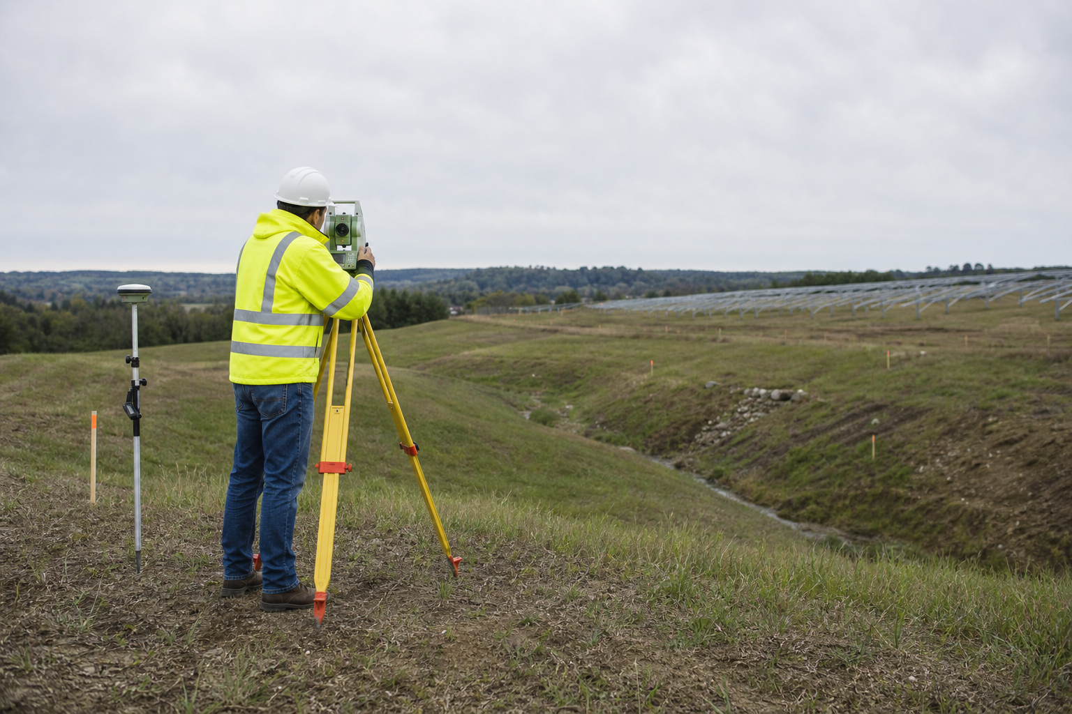 A surveyor uses a total station on rolling terrain beside a visible swale, with ground-mount solar support rows in the distance.