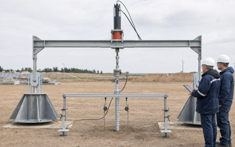 A conceptual static axial uplift setup shows a central ground screw, aligned loading assembly, reaction frame, independent reference and monitored readings.