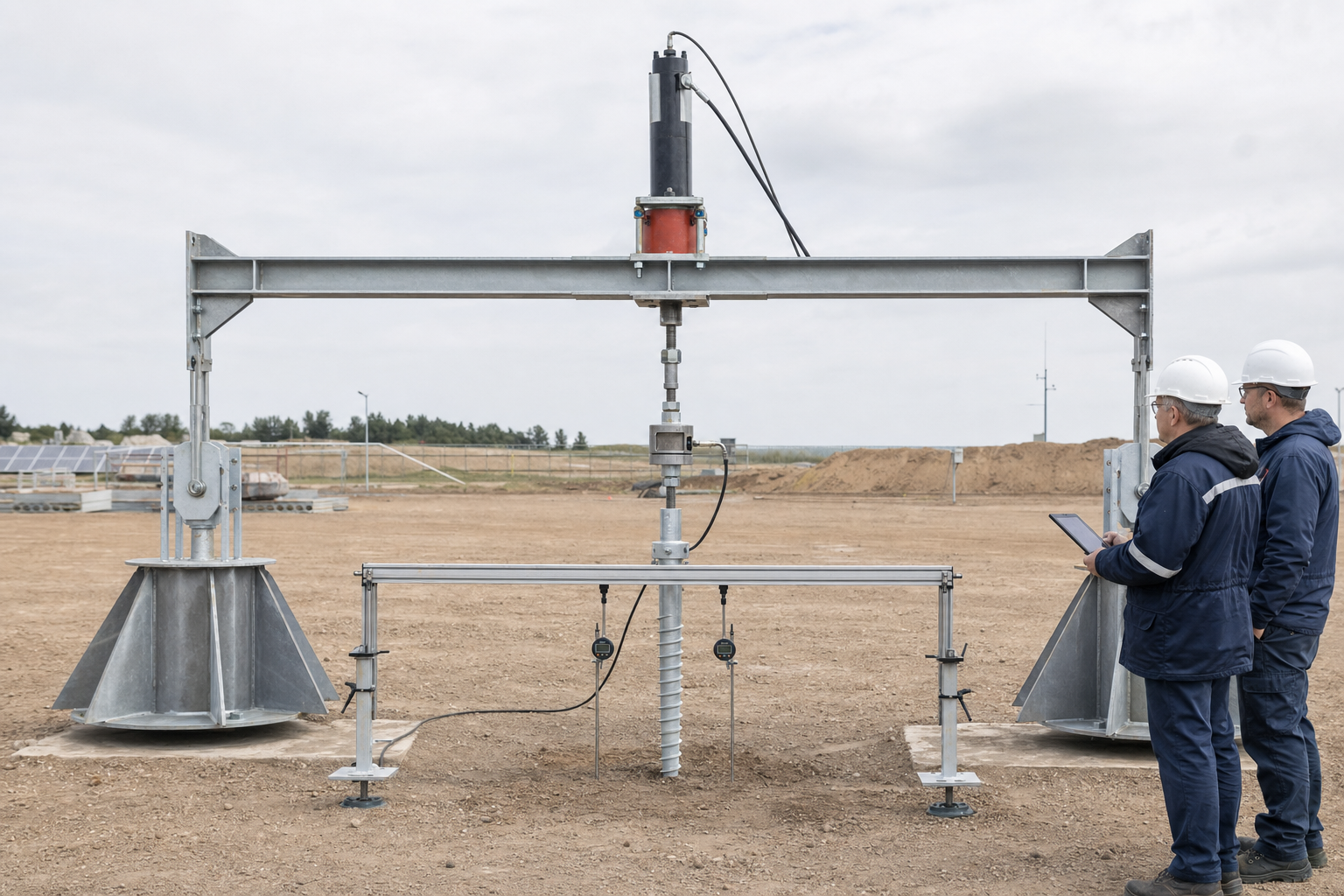 A conceptual static axial uplift setup shows a central ground screw, aligned loading assembly, reaction frame, independent reference and monitored readings.