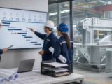 Engineering and document-control team reviewing a conceptual vendor submittal timeline beside a steel fabrication workshop.