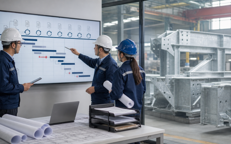Engineering and document-control team reviewing a conceptual vendor submittal timeline beside a steel fabrication workshop.