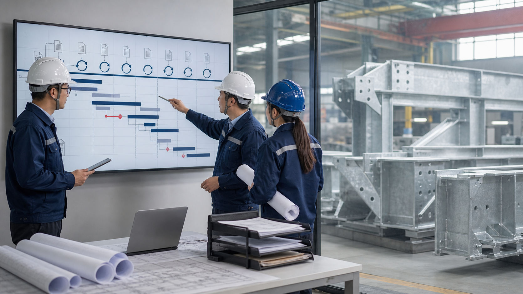 Engineering and document-control team reviewing a conceptual vendor submittal timeline beside a steel fabrication workshop.