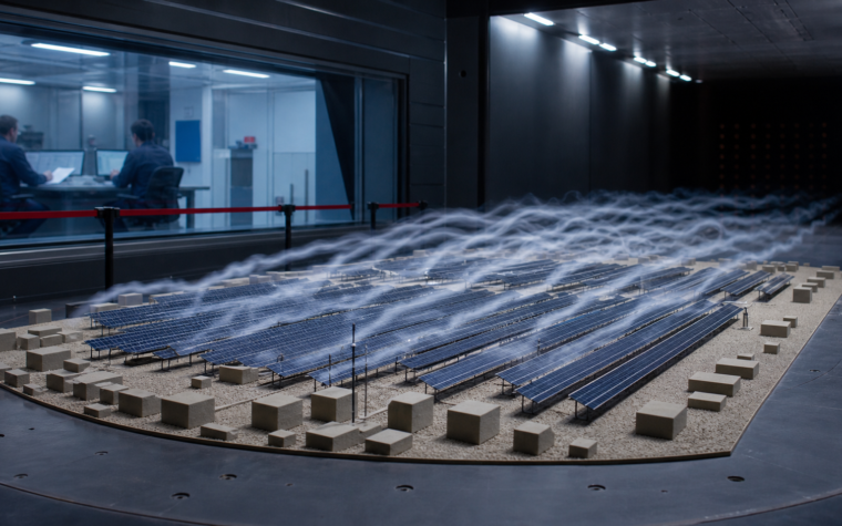 Editorial concept showing a generic ground-mount PV array model inside an atmospheric boundary-layer wind tunnel.