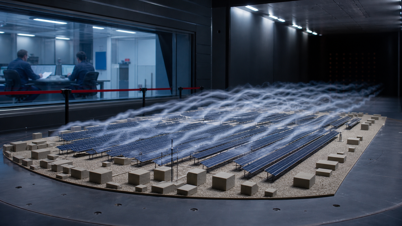 Editorial concept showing a generic ground-mount PV array model inside an atmospheric boundary-layer wind tunnel.