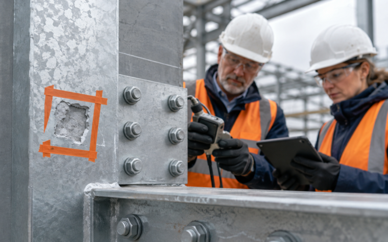 Conceptual inspection of a bounded coating-damage zone on a galvanized steel connection.