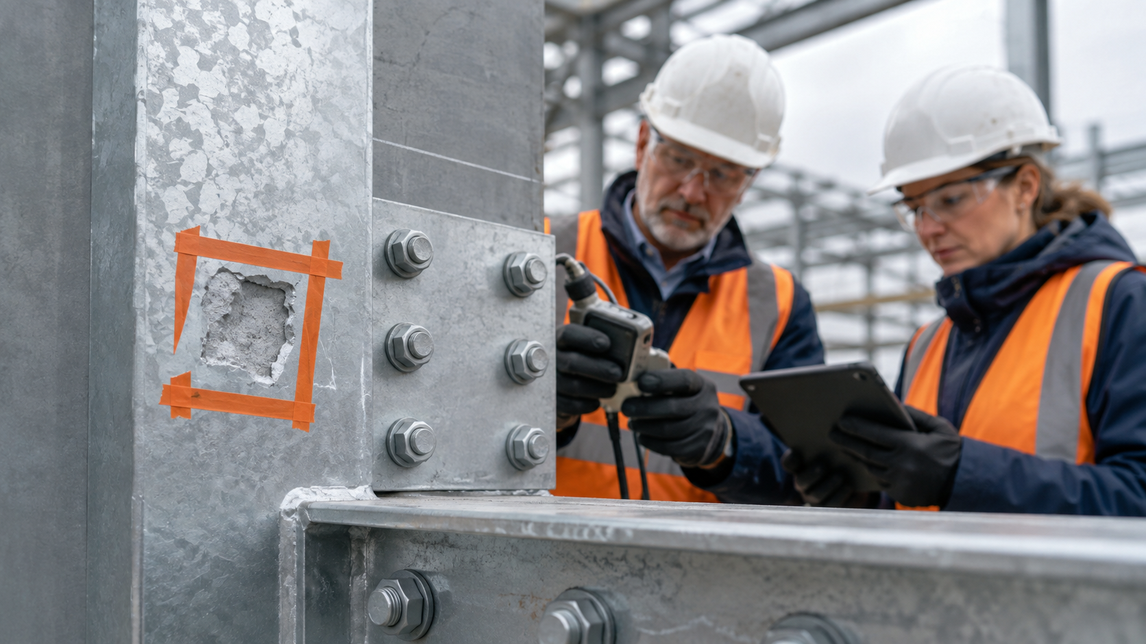 Conceptual inspection of a bounded coating-damage zone on a galvanized steel connection.