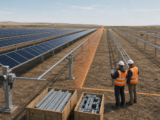 Conceptual solar tracker installation showing released and changed row populations separated by a controlled cut-in boundary.