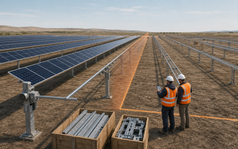 Conceptual solar tracker installation showing released and changed row populations separated by a controlled cut-in boundary.
