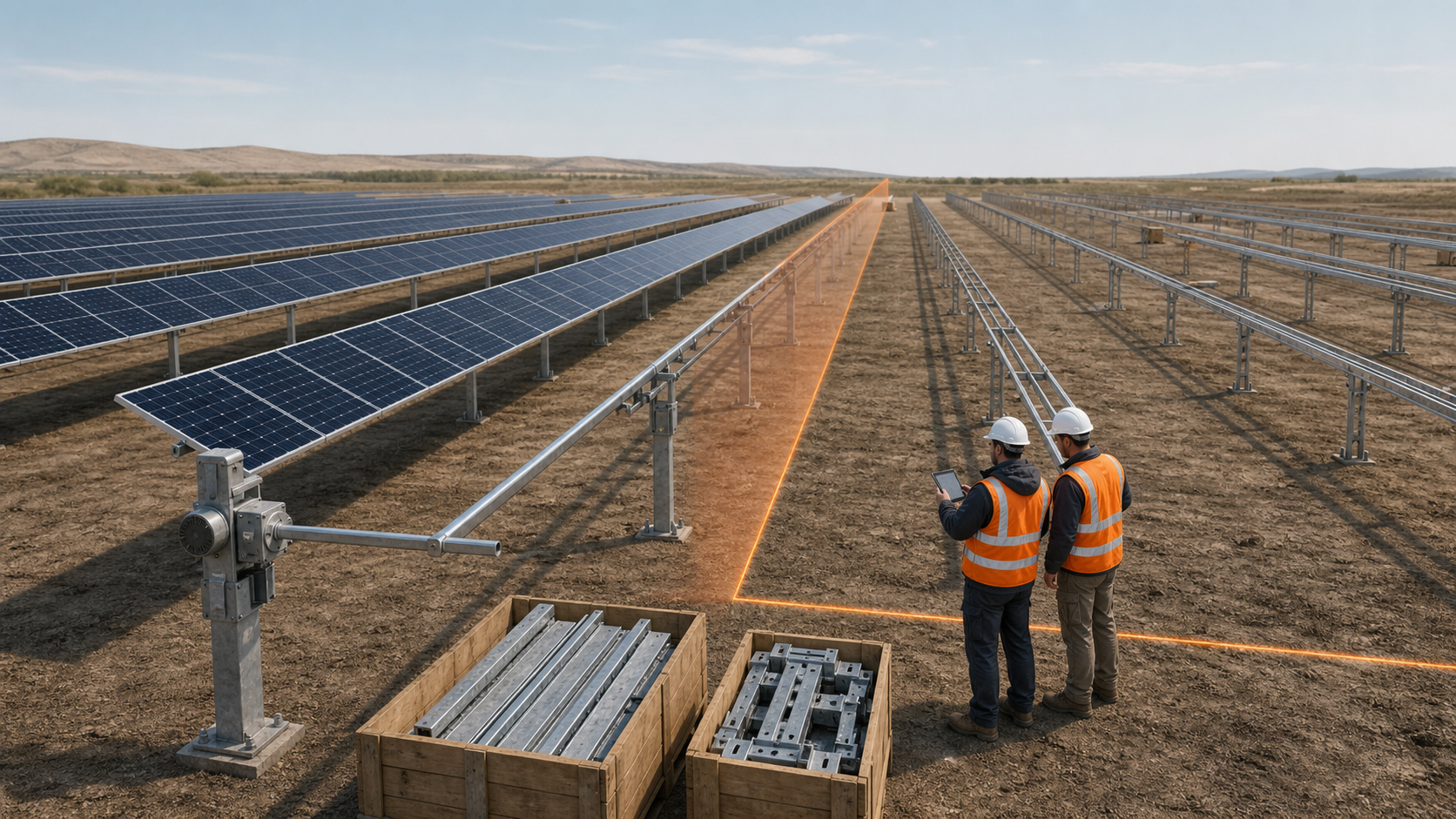 Conceptual solar tracker installation showing released and changed row populations separated by a controlled cut-in boundary.