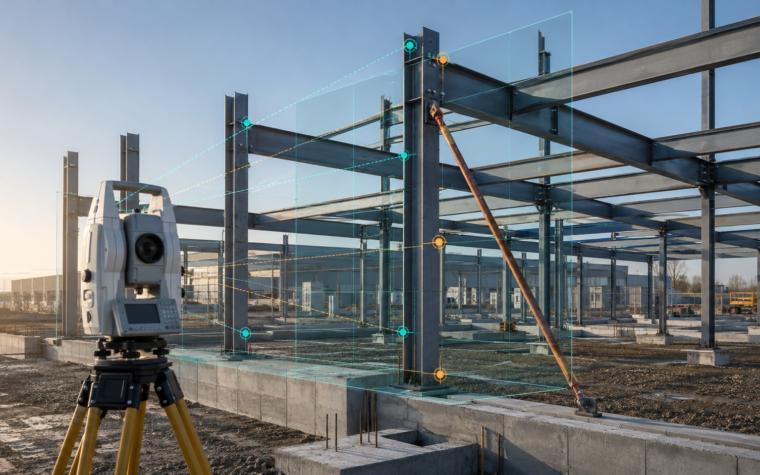 Conceptual total-station survey of a partially erected steel frame before geometry-state release.