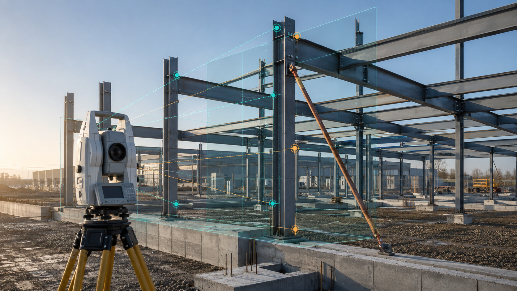Conceptual total-station survey of a partially erected steel frame before geometry-state release.